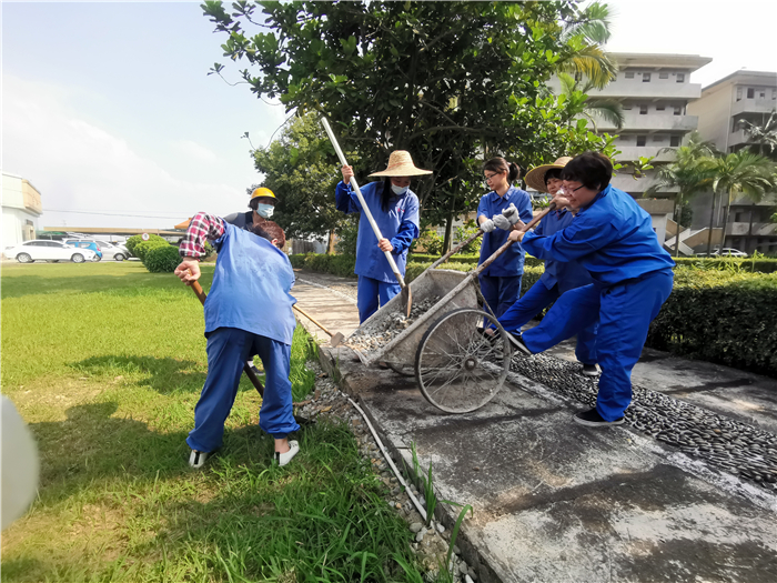 后勤部姐姐们，用砂石把草地空隙处补漏.jpg